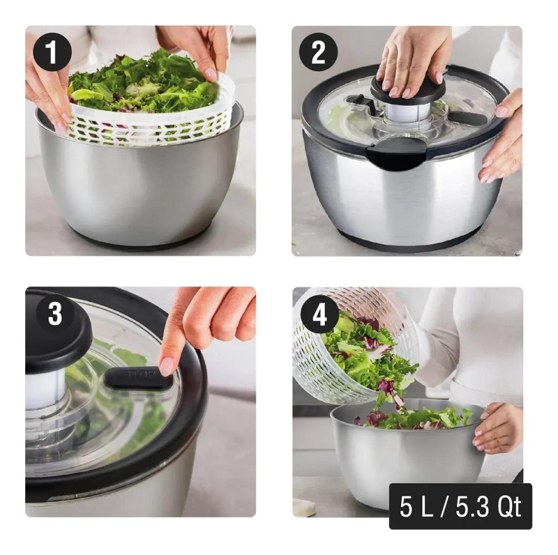 SECADOR CENTRIFUGO PARA ENSALADAS ACERO INOXIDABLE 5 LITROS VERSATIL - 1