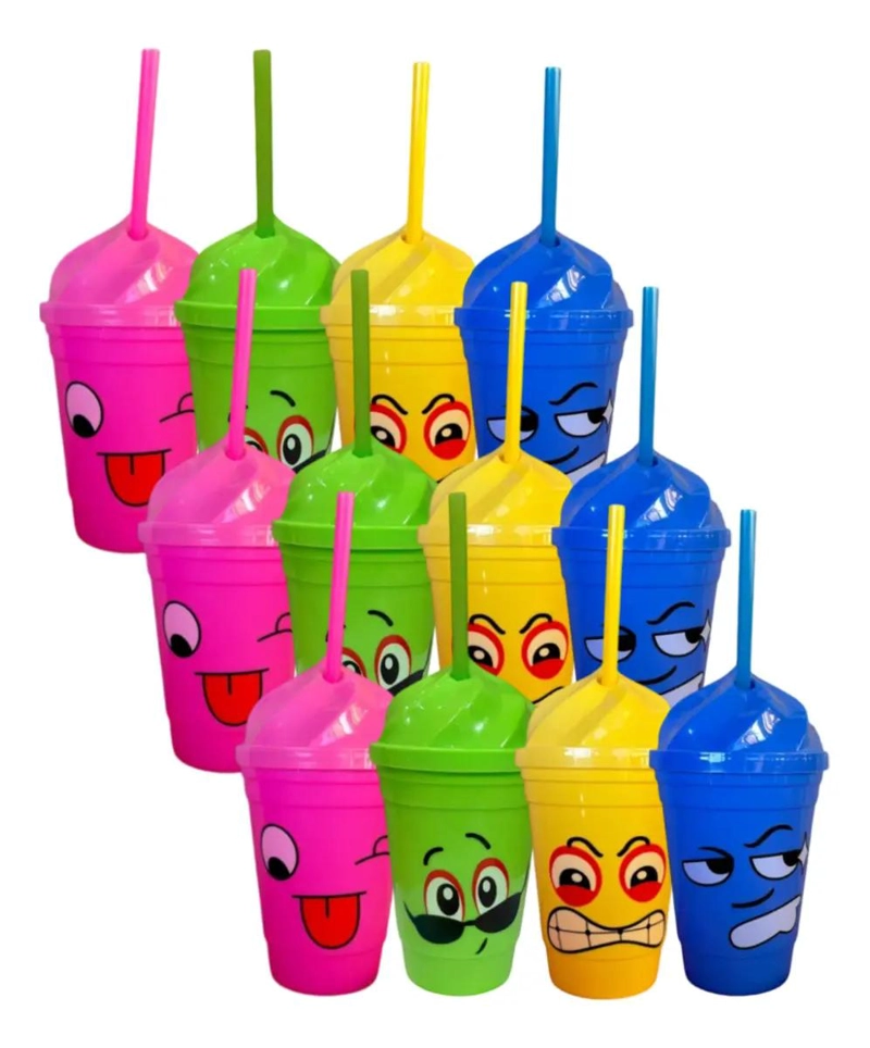 JUEGO DE 12 VASOS DE PAJA MULTICOLOR CON TAPA Y BOMBILLA - 1