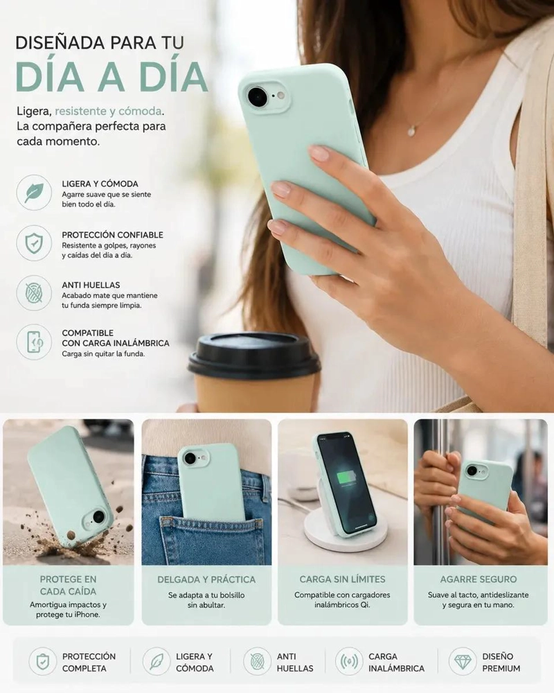 FUNDA ANTIHUELLAS VERDE MENTA PARA IPHONE 17E CON PROTECCION DE CAMARAS - 3
