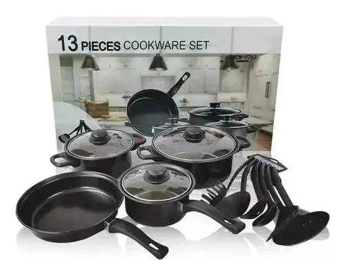 SET DE OLLAS Y UTENSILIOS DE COCINA 13 PIEZAS COLOR NEGRO - 1