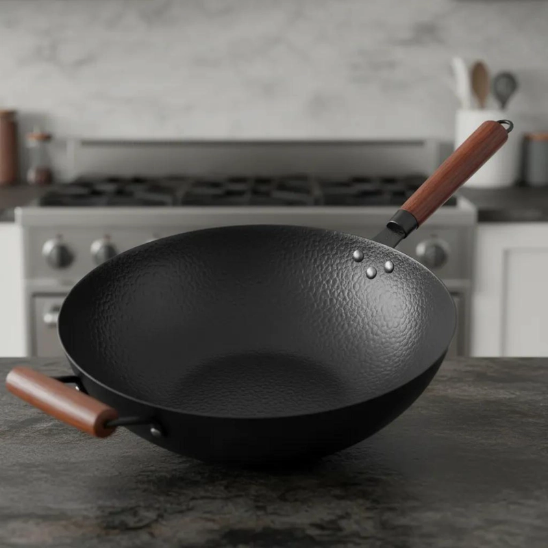 WOK DE HIERRO FORJADO DE 32 CM CON MANGO DE MADERA PARA COCCION TRADICIONAL - 4
