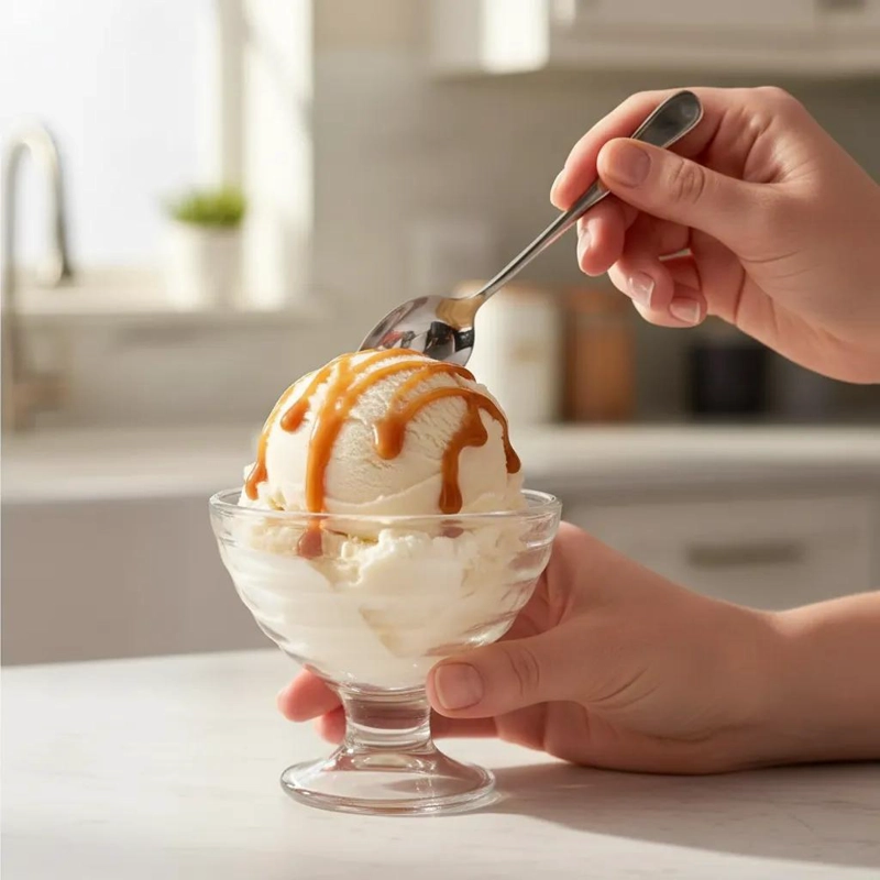 SET DE 4 COPAS DE HELADO 300ML Y 6 CUCHARAS DE ACERO INOXIDABLE - 5