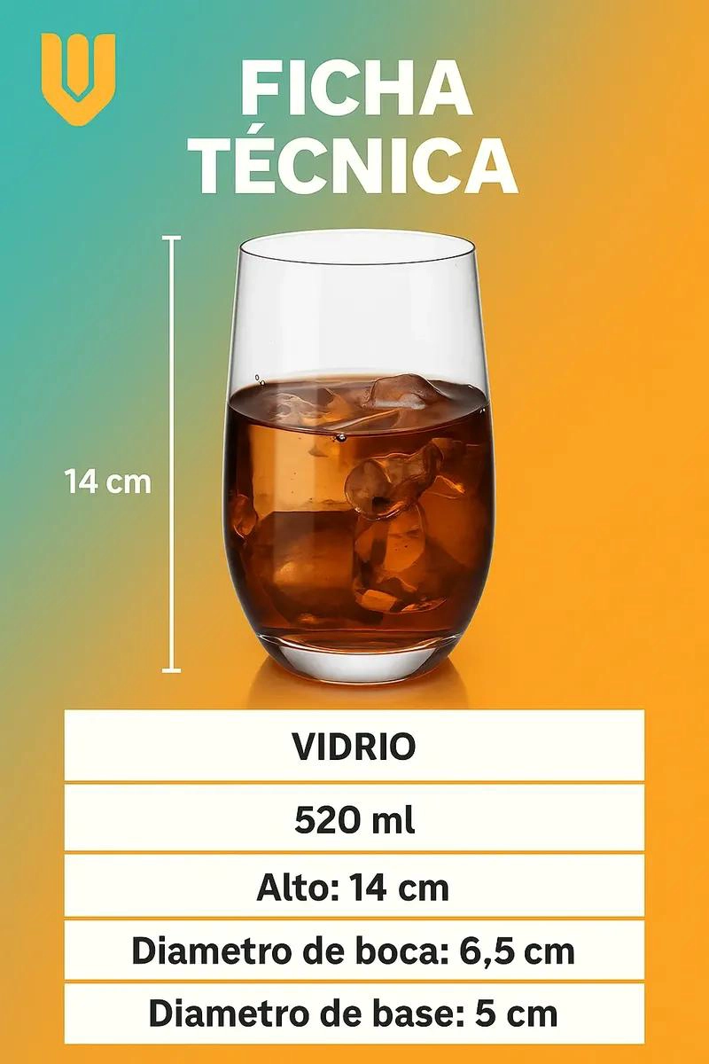 SET DE 6 VASOS DE VIDRIO RESISTENTE DE 520 ML PARA BEBIDAS - 2