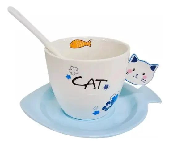 SET DE VAJILLA KAWAII CON TAZA, PLATO Y CUCHARA DE GATO - 1