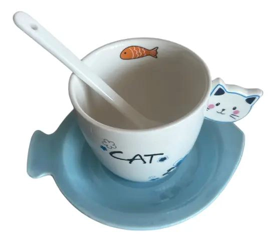 SET DE VAJILLA KAWAII CON TAZA, PLATO Y CUCHARA DE GATO - 2