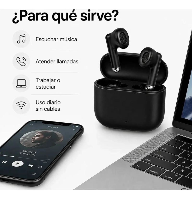 AUDIFONOS INALAMBRICOS BLUETOOTH COMPACTOS COLOR NEGRO - 2