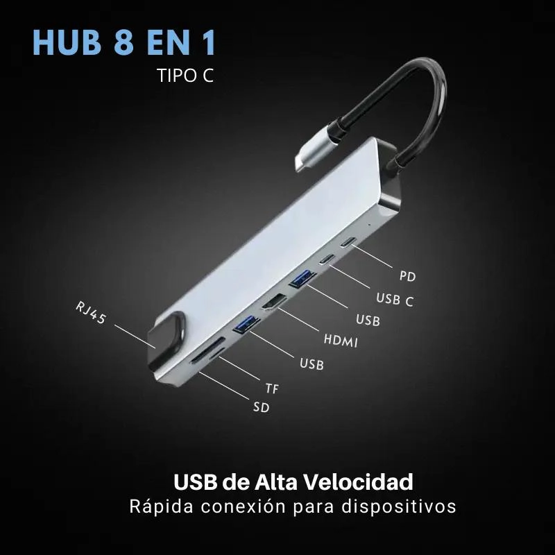 ADAPTADOR HUB 8 EN 1 TIPO C CON HDMI Y RJ45 - 5