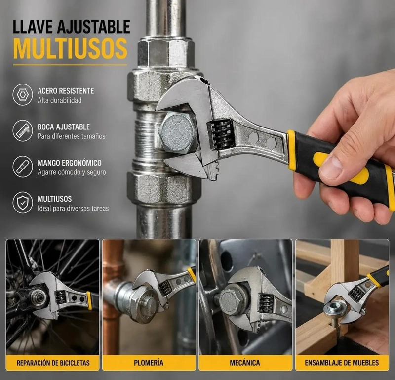 LLAVE AJUSTABLE ERGONOMICA DE 8 PULGADAS CON MANGO ANTIDESLIZANTE - 2