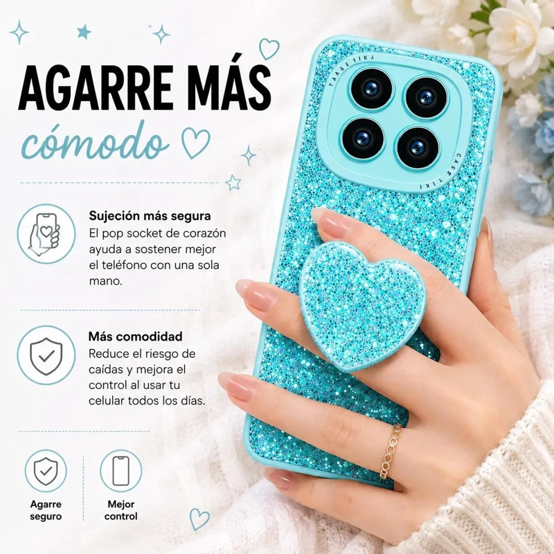 CARCASA GLITTER TURQUESA CON POP SOCKET PARA XIAOMI REDMI NOTE 14 PRO - 3