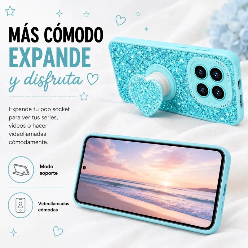 CARCASA GLITTER TURQUESA CON POP SOCKET PARA XIAOMI REDMI NOTE 14 PRO - 4
