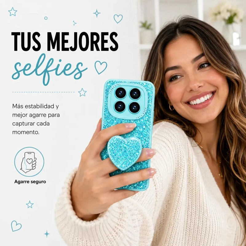 CARCASA GLITTER TURQUESA CON POP SOCKET PARA XIAOMI REDMI NOTE 14 PRO - 5