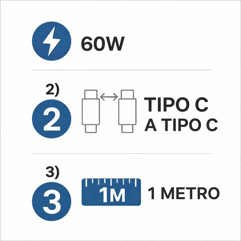 CABLE TIPO C A TIPO C 60W 1 METRO PARA CARGA RAPIDA - 1
