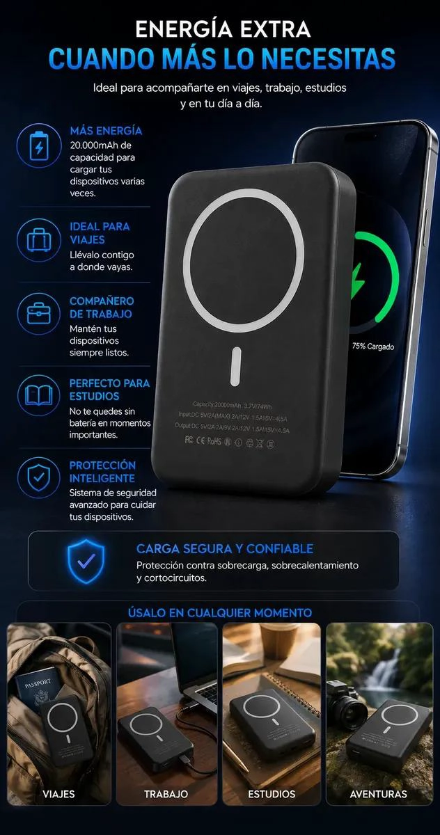 BATERIA EXTERNA MAGNE TICA 20000MAH CON CARGA INALAMBRICA - 5