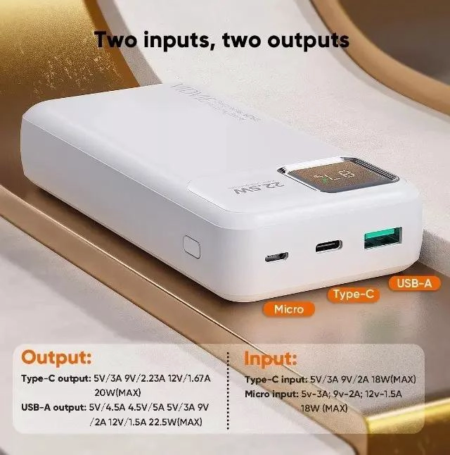 BATERIA EXTERNA 20000MAH CARGA RAPIDA 22.5W USB TIPO C - 2
