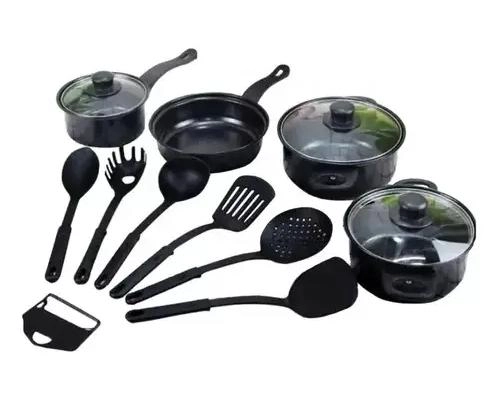 JUEGO DE COCINA 13 PIEZAS CON OLLAS, SARTE N Y UTENSILIOS EN NEGRO - 1