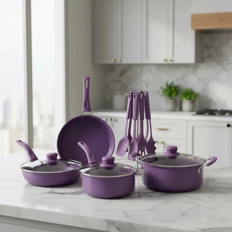 SET DE OLLAS ANTIADHERENTES 14 PIEZAS EN COLOR MORADO - 1
