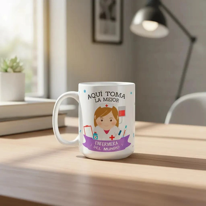 TAZA GRANDE BLANCA PARA ENFERMERA CON DISEÑO ESPECIAL - 1