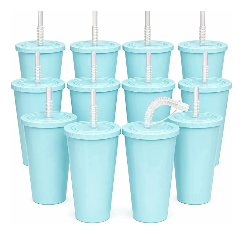 PACK DE 12 VASOS REUTILIZABLES CELESTES CON TAPA Y BOMBILLA - 1