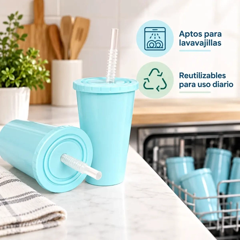 PACK DE 12 VASOS REUTILIZABLES CELESTES CON TAPA Y BOMBILLA - 10