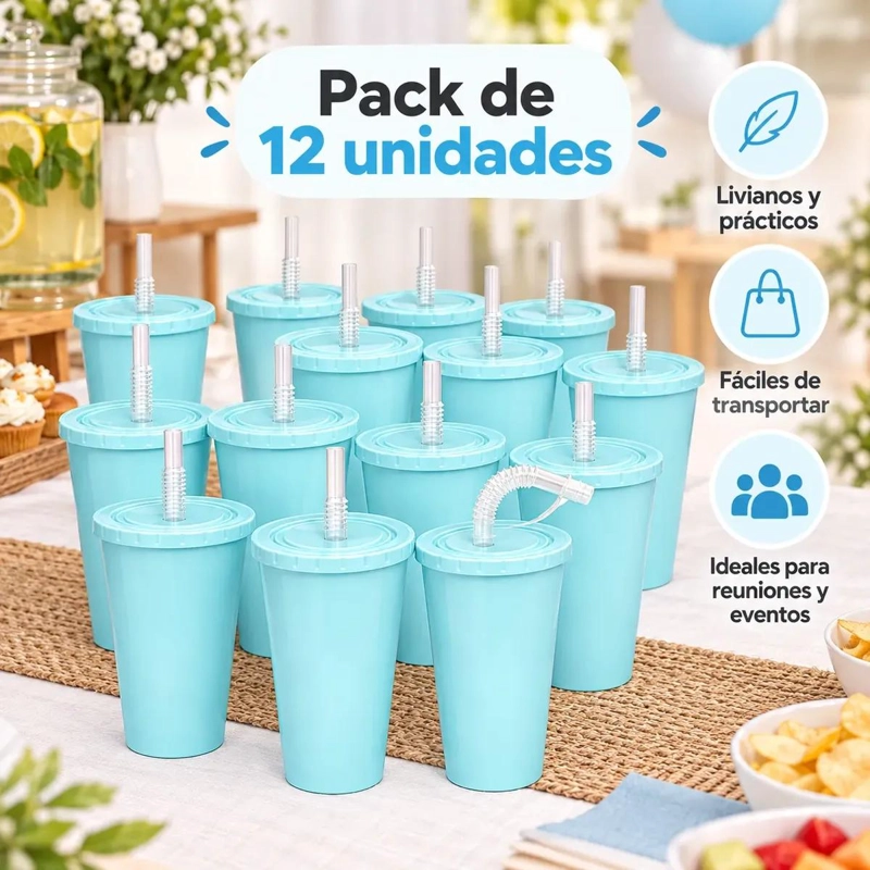 PACK DE 12 VASOS REUTILIZABLES CELESTES CON TAPA Y BOMBILLA - 2