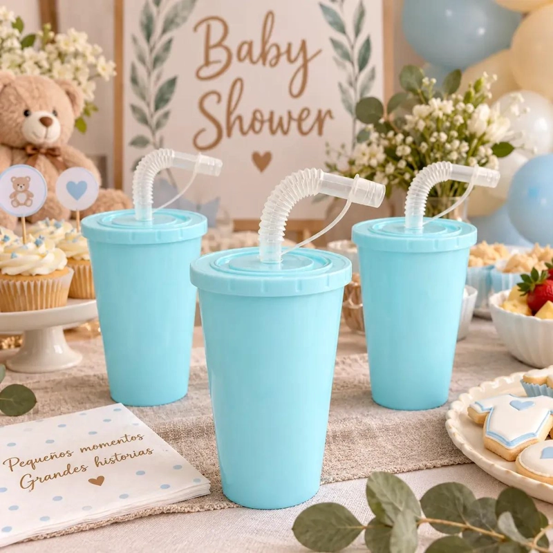 PACK DE 12 VASOS REUTILIZABLES CELESTES CON TAPA Y BOMBILLA - 4