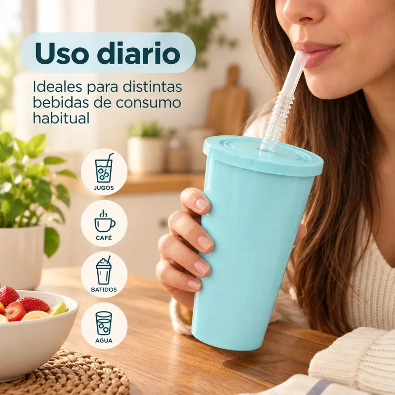 PACK DE 12 VASOS REUTILIZABLES CELESTES CON TAPA Y BOMBILLA - 5