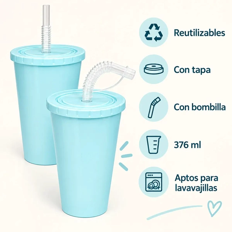 PACK DE 12 VASOS REUTILIZABLES CELESTES CON TAPA Y BOMBILLA - 6