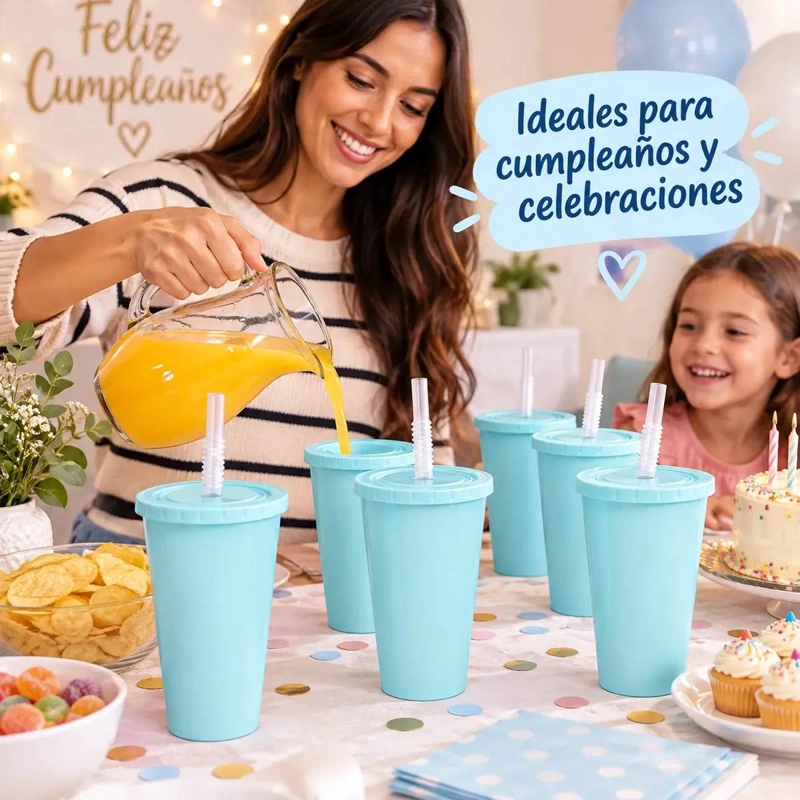 PACK DE 12 VASOS REUTILIZABLES CELESTES CON TAPA Y BOMBILLA - 7