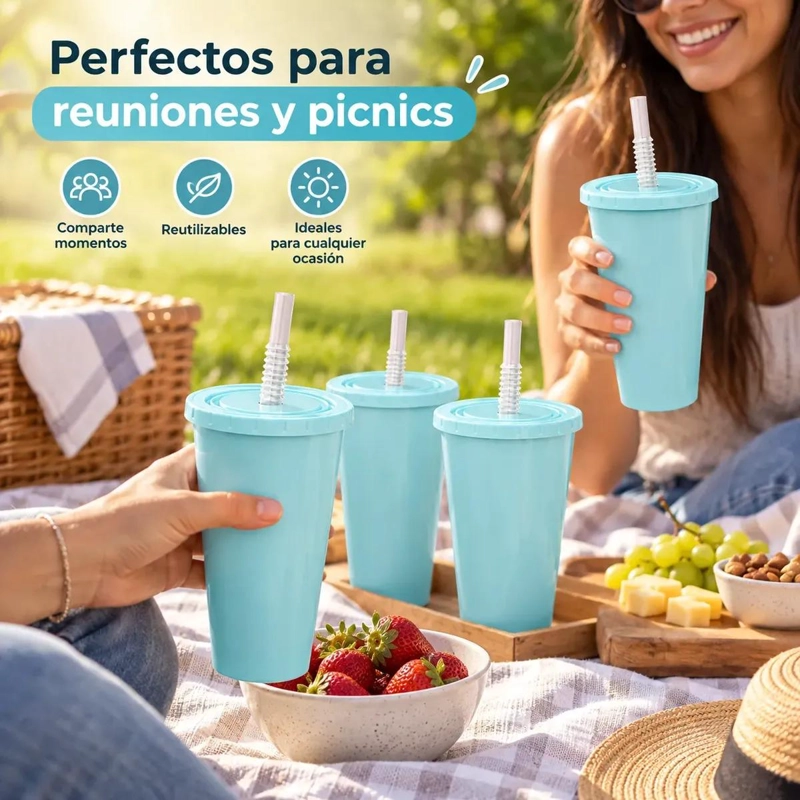 PACK DE 12 VASOS REUTILIZABLES CELESTES CON TAPA Y BOMBILLA - 8