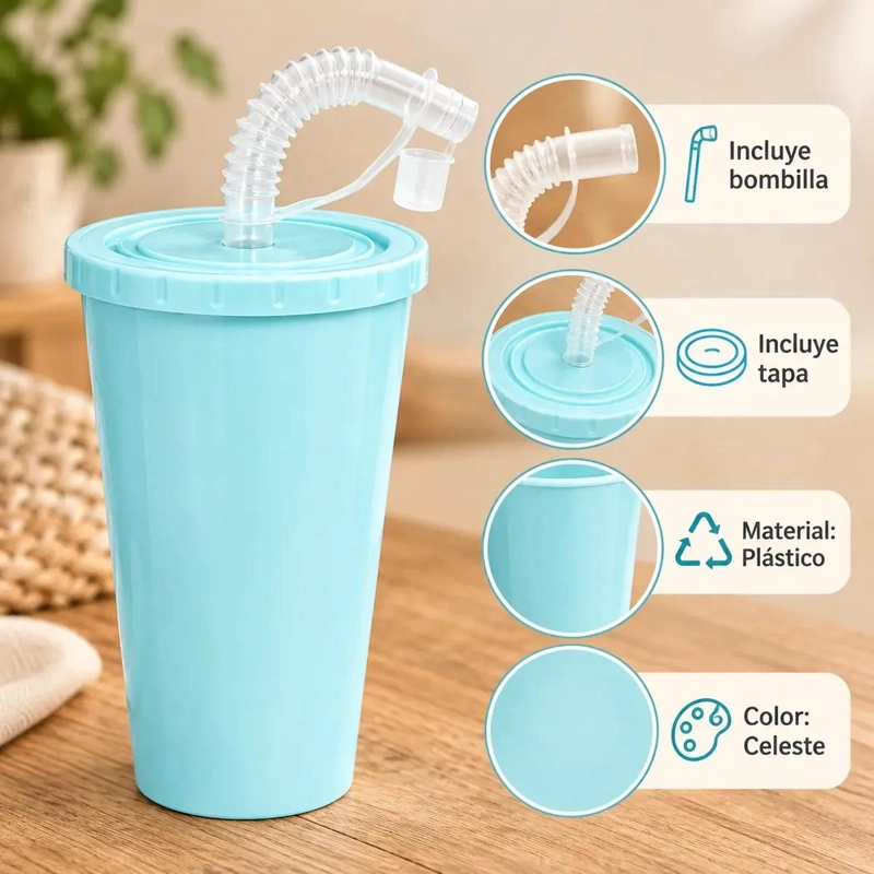 PACK DE 12 VASOS REUTILIZABLES CELESTES CON TAPA Y BOMBILLA - 9