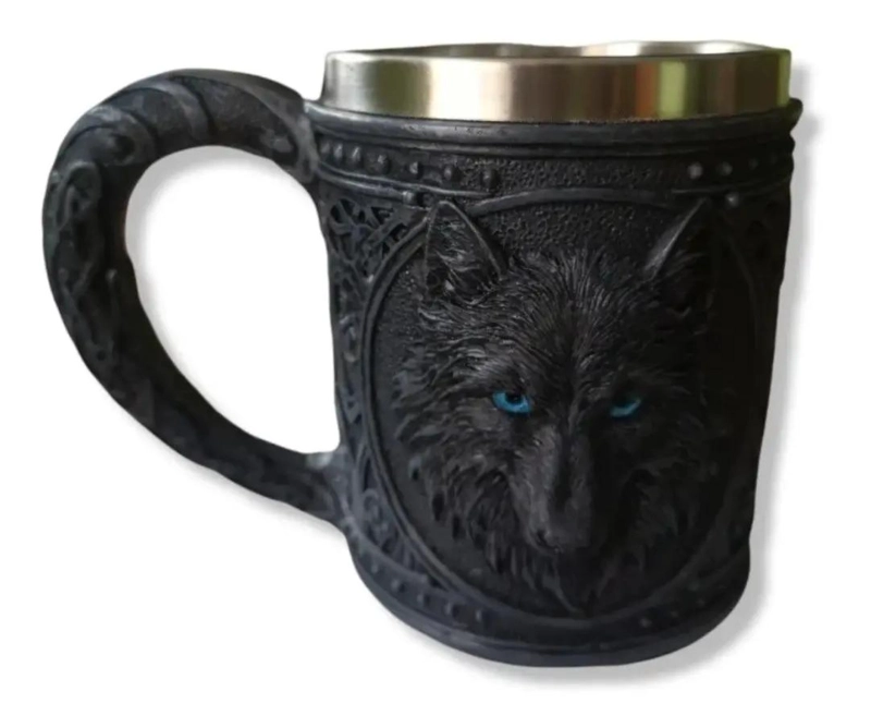 TAZON CILINDRICO NEGRO CON DISEÑO DE LOBO PARA BEBIDAS - 1