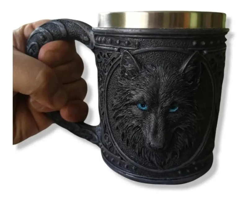 TAZON CILINDRICO NEGRO CON DISEÑO DE LOBO PARA BEBIDAS - 3