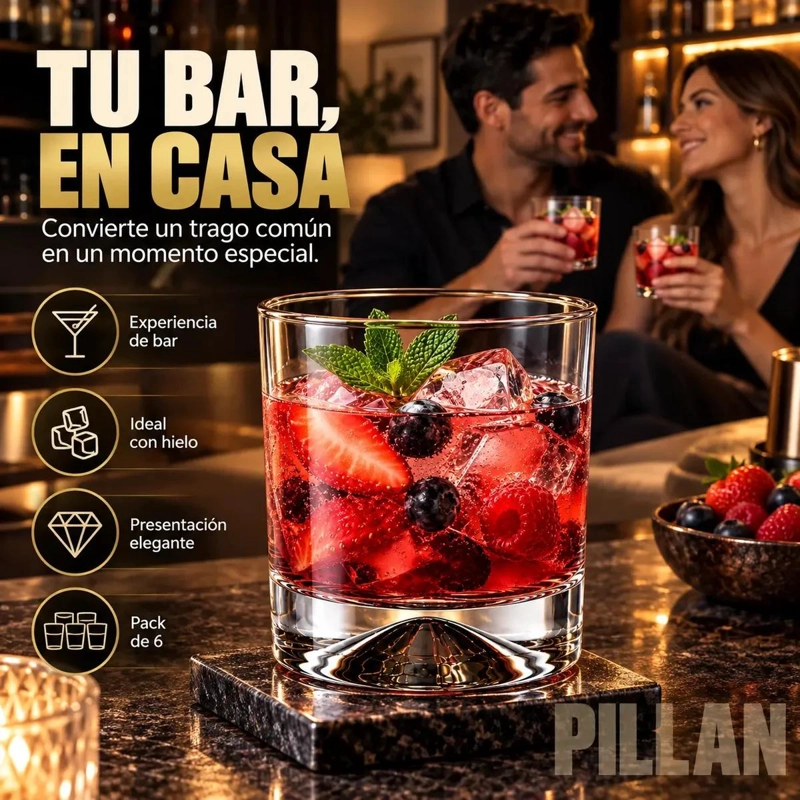SET DE 6 VASOS DE WHISKY DE VIDRIO TRANSPARENTE 340 CC - 6