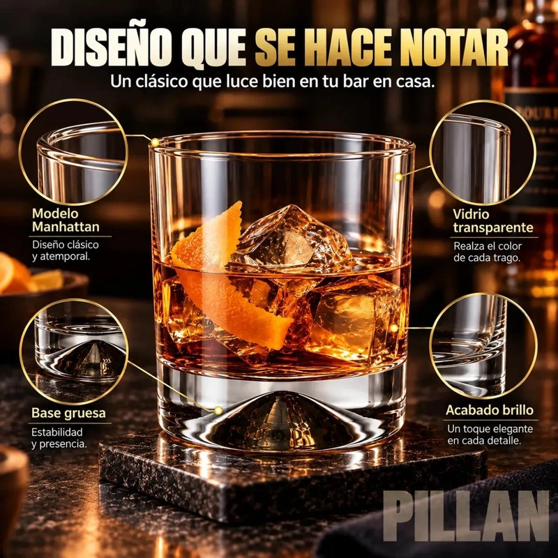 SET DE 6 VASOS DE WHISKY DE VIDRIO TRANSPARENTE 340 CC - 7