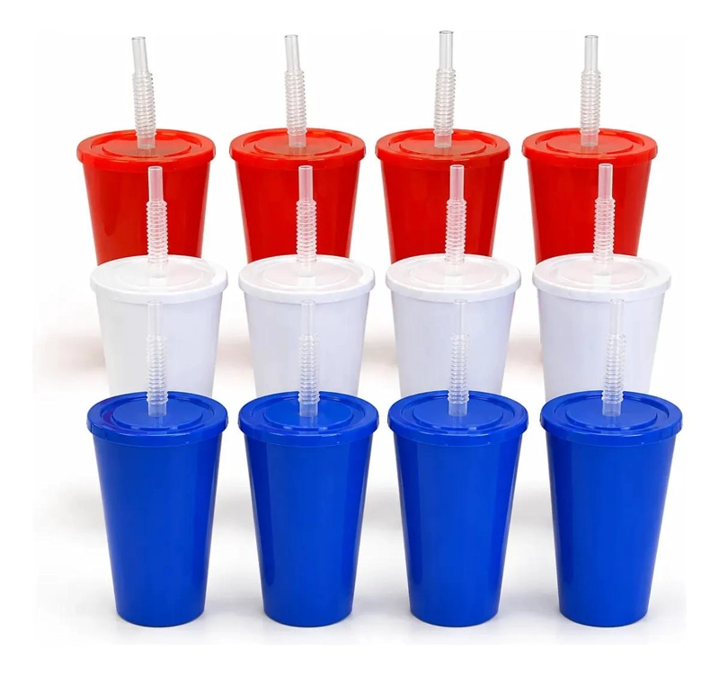 PACK DE 12 VASOS PLASTICOS CON TAPA Y BOMBILLA EN COLORES SURTIDOS - 1