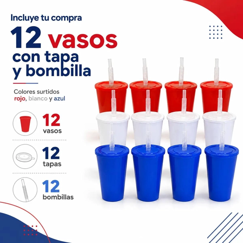 PACK DE 12 VASOS PLASTICOS CON TAPA Y BOMBILLA EN COLORES SURTIDOS - 2