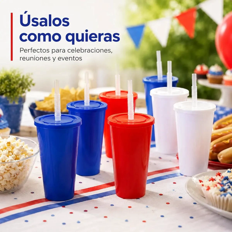 PACK DE 12 VASOS PLASTICOS CON TAPA Y BOMBILLA EN COLORES SURTIDOS - 3