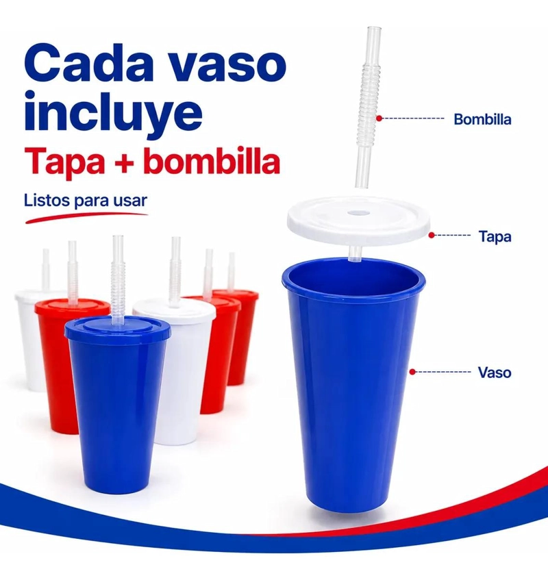 PACK DE 12 VASOS PLASTICOS CON TAPA Y BOMBILLA EN COLORES SURTIDOS - 6