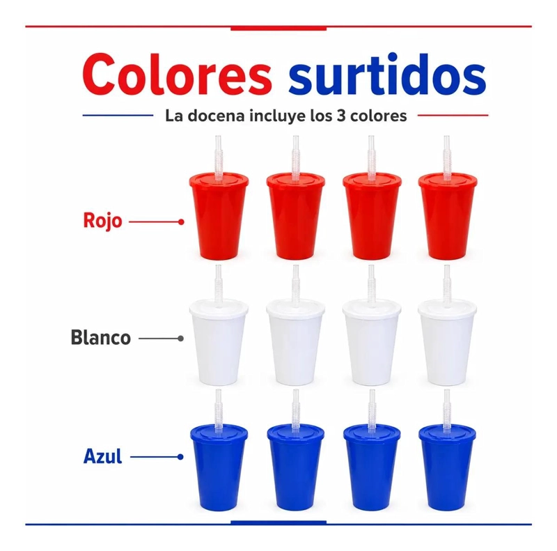 PACK DE 12 VASOS PLASTICOS CON TAPA Y BOMBILLA EN COLORES SURTIDOS - 7