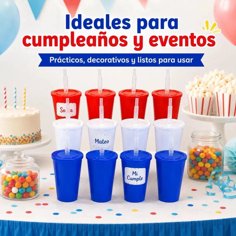 PACK DE 12 VASOS PLASTICOS CON TAPA Y BOMBILLA EN COLORES SURTIDOS - 8