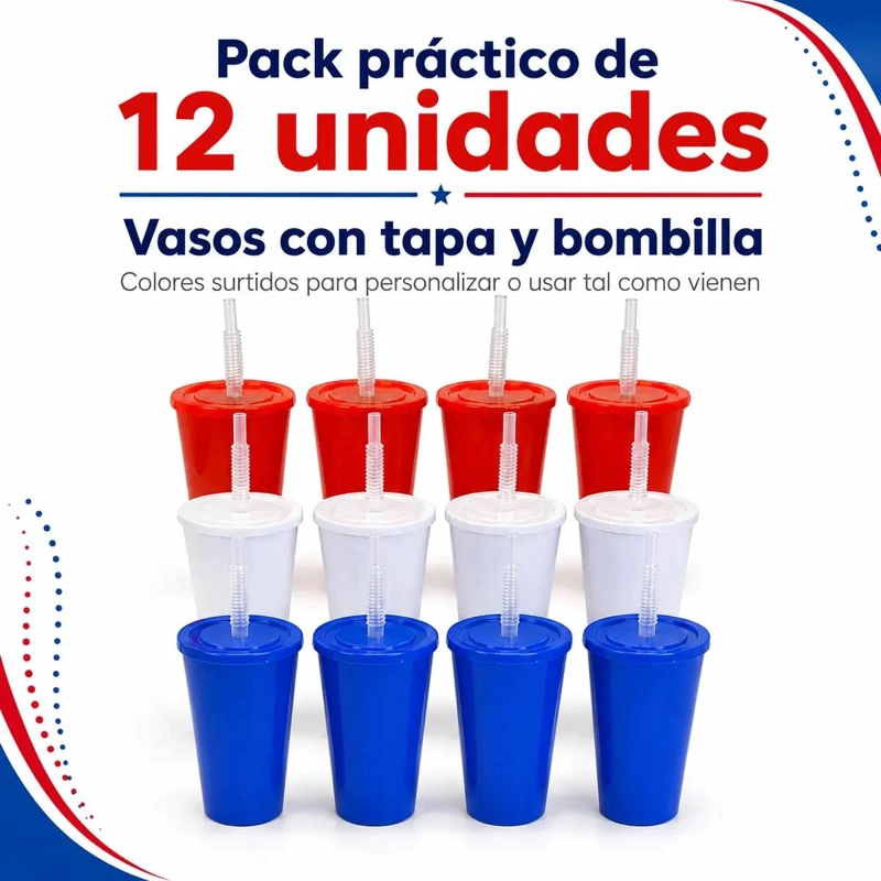 PACK DE 12 VASOS PLASTICOS CON TAPA Y BOMBILLA EN COLORES SURTIDOS - 9