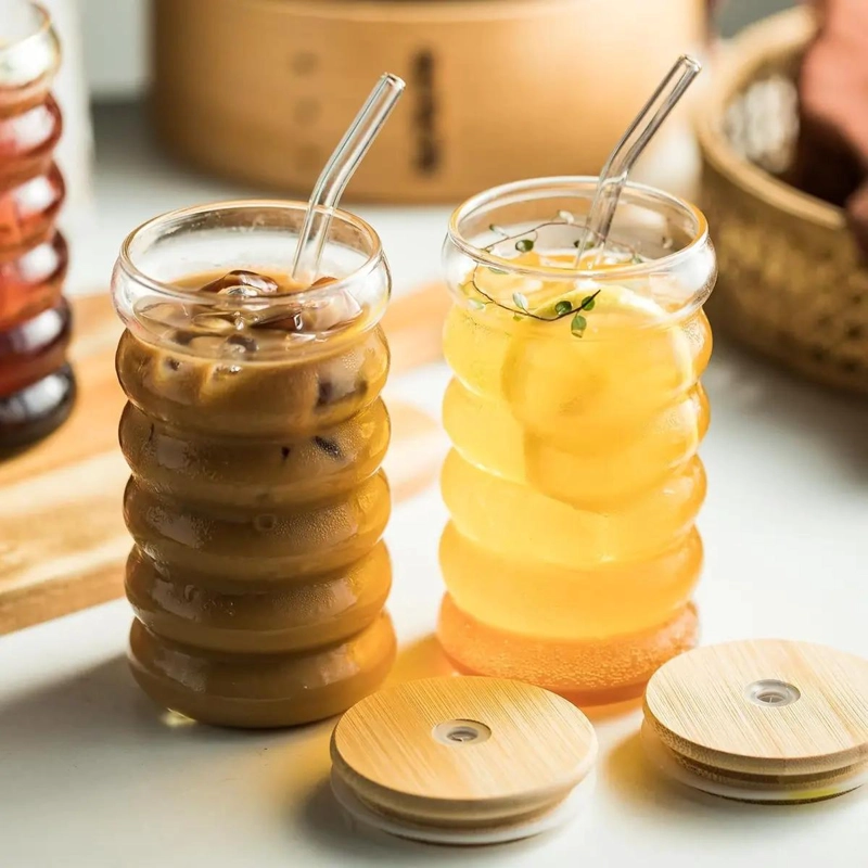 SET DE 2 VASOS DE VIDRIO CON TAPA DE BAMBU Y BOMBILLA 350ML - 1
