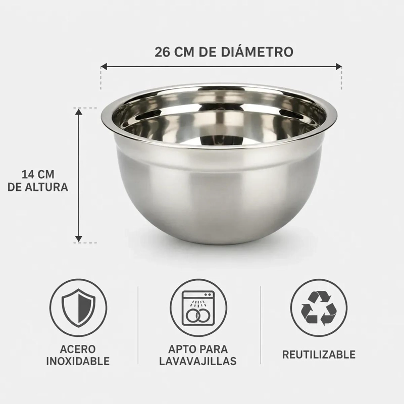 BOWL PROFUNDO DE ACERO INOXIDABLE PARA COCINA 26 CM - 3
