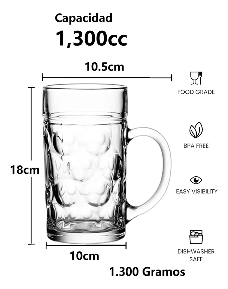 VASO CERVECERO GRANDE DE VIDRIO 1.3 LITROS PARA BEBIDAS - 6
