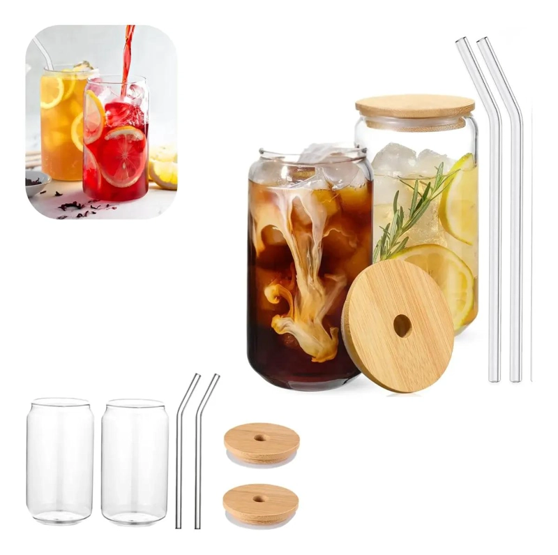 PACK DE 2 VASOS DE VIDRIO CON TAPA DE BAMBU Y BOMBILLAS - 1