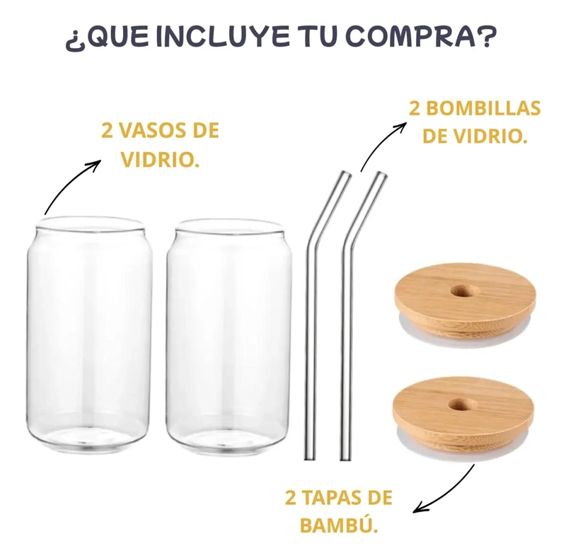 PACK DE 2 VASOS DE VIDRIO CON TAPA DE BAMBU Y BOMBILLAS - 6