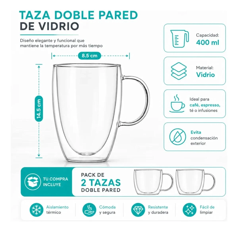 TAZA DE VIDRIO DOBLE PARED 400ML PARA CAFE  Y TE - 3