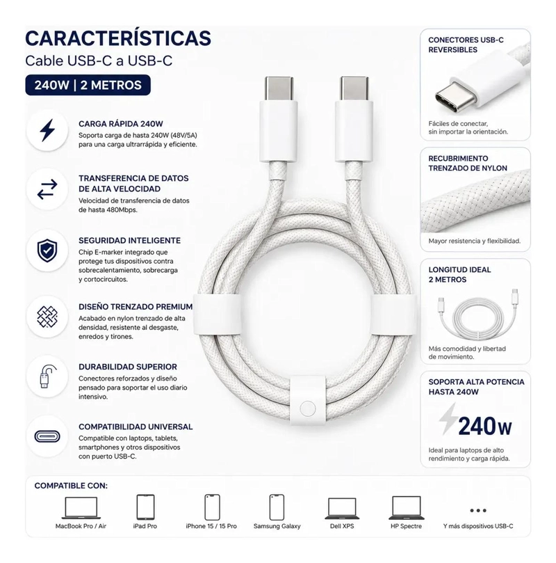 CABLE USB-C A USB-C 240W 2M TRENZADO PARA CARGA RAPIDA - 2