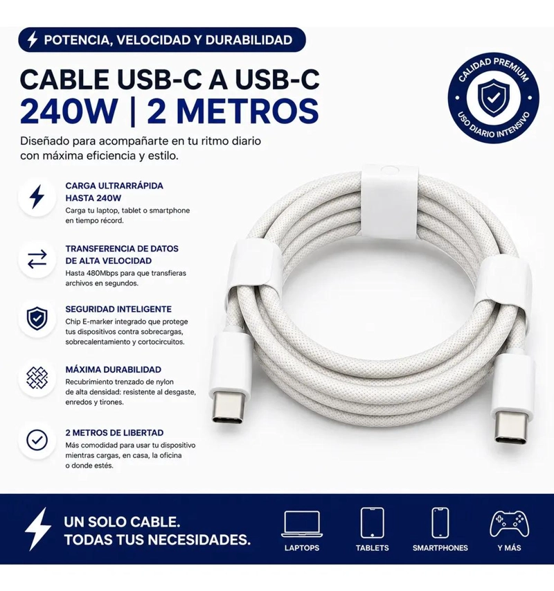 CABLE USB-C A USB-C 240W 2M TRENZADO PARA CARGA RAPIDA - 4