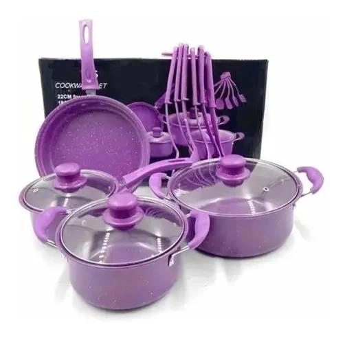 JUEGO DE OLLAS ANTIADHERENTES CON UTENSILIOS 14 PIEZAS COLOR MORADO - 1